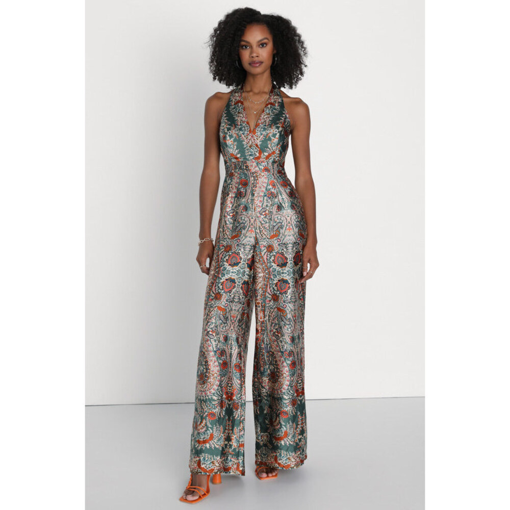 Lulus Divine Wanderings Teal Green Scarf Print Satin Wide-leg Jumpsuit - Size S